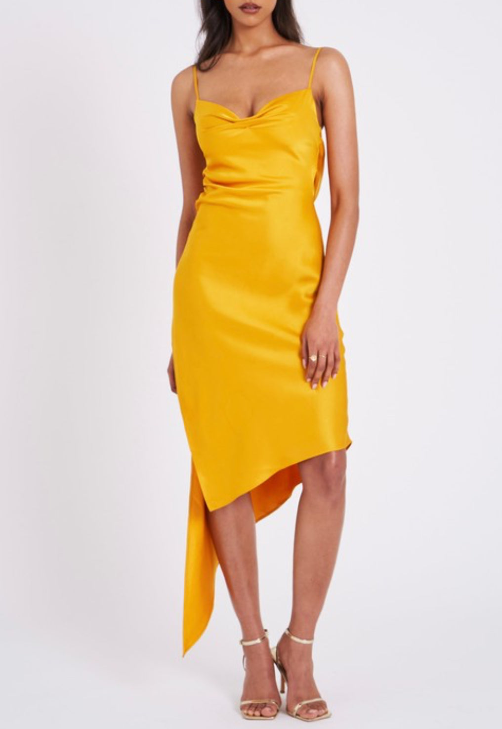 Lana Satin Draping Midi Dress x Yellow