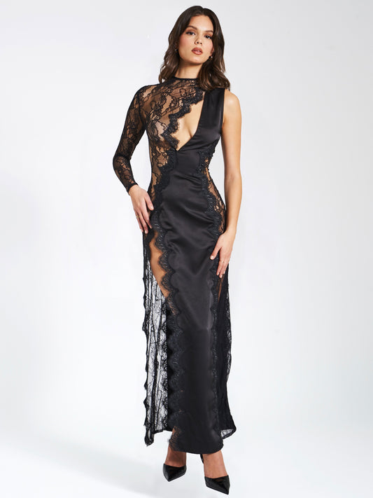 PRE-ORDER Contessa Satin Lace High Slit Dress x Black