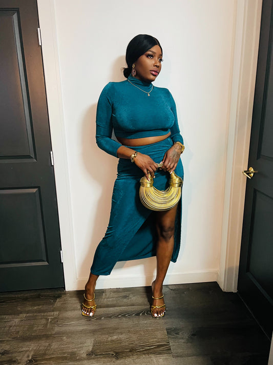 Taraji Cropped Long Sleeve & Thigh Split Skirt Co-ord x Teal