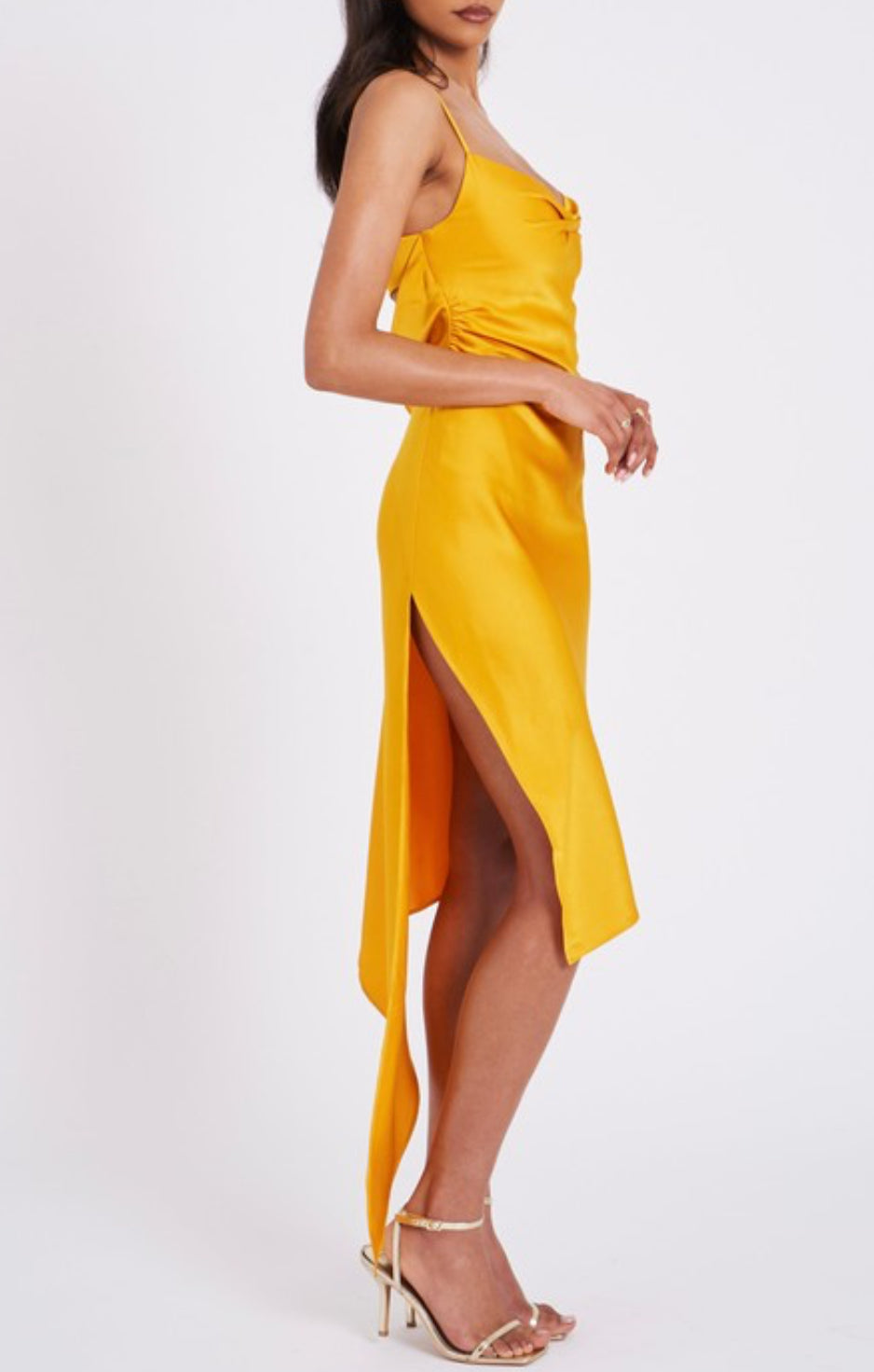 Lana Satin Draping Midi Dress x Yellow