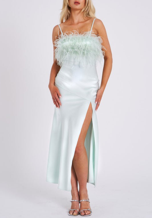 Lilly Feather Split Hem Gown x Mint