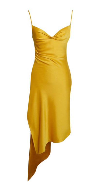 Lana Satin Draping Midi Dress x Yellow