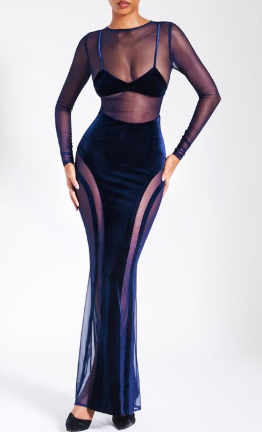 Akirra Velvet Mesh Maxi Dress x Navy