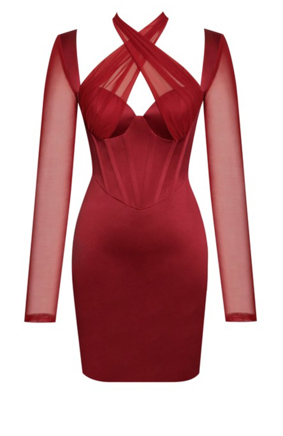 Yadira Satin Mesh Sleeve Corset Dress x Burgundy