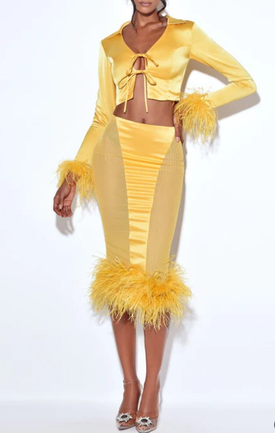 Celeste Feather Long Sleeved Satin Top x Yellow