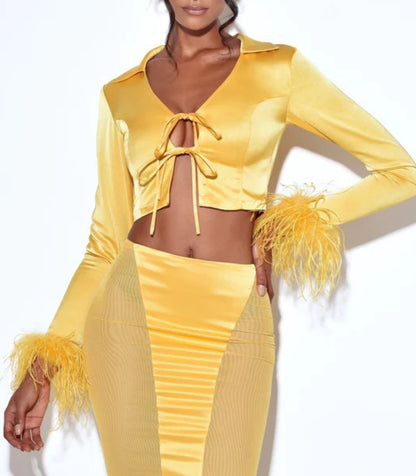 Celeste Feather Long Sleeved Satin Top x Yellow