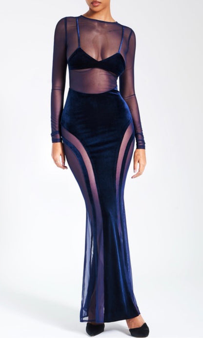 Akirra Velvet Mesh Maxi Dress x Navy