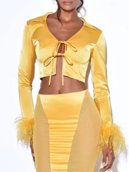 Celeste Feather Long Sleeved Satin Top x Yellow