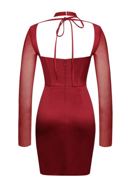 Yadira Satin Mesh Sleeve Corset Dress x Burgundy