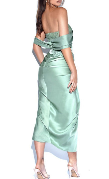 Melina Off Shoulder Crystal Corset Satin Gown x Mint