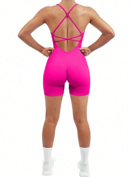 Sara Criss-Cross Backless Cinched Romper X Hot Pink