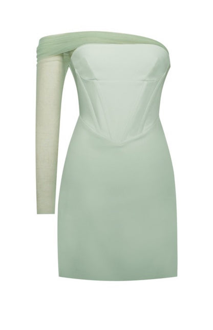 Yemi Sheer Mesh Sleeve Crepe Corset Dress x Mint